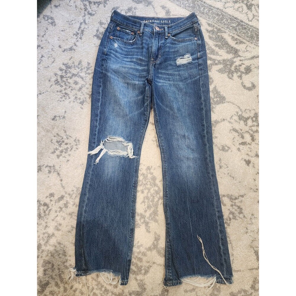 American Eagle Jeans Womens 0 Reg Blue Tomgirl Straight Raw Hem Distressed Denim